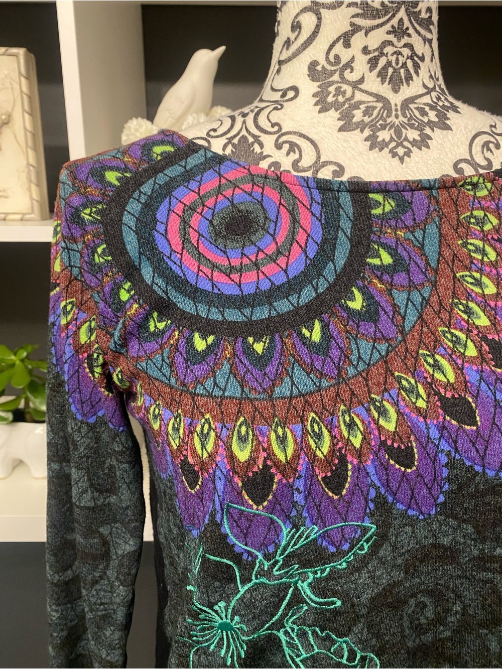 Desigual Women's Printed Long-Sleeved TwoferTop with Colorful Mandala Detail - Picture 3 of 8